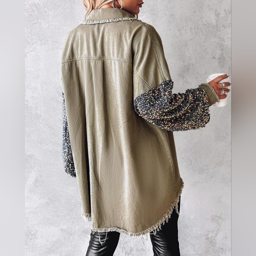 Women Sequin Patchwork Long Sleeve Sparkle Casual Glitter Jeans Bomber Jacket - Picture 2 of 10